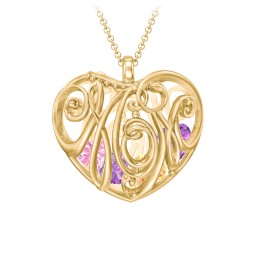 Graceful Mom Heart Cage Pendant With 2-8 Birthstones in 10K Solid Yellow Gold with Amethyst, Citrine, Pink Tourmaline, Emerald, Blue Sapphire, Blue Topaz, and Ruby