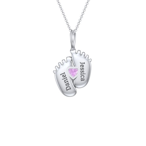 Engravable Baby Feet Birthstone Pendant – Sterling Silver with Amethyst