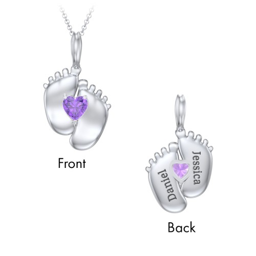 Engravable Baby Feet Birthstone Pendant – Sterling Silver with Amethyst
