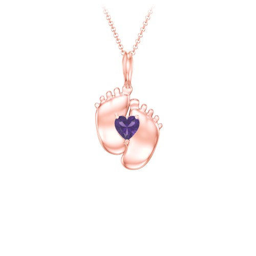 Engravable Baby Feet Birthstone Pendant – 10K Rose Gold with Amethyst