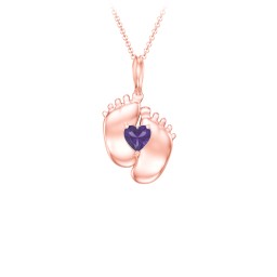 Engravable Baby Feet Birthstone Pendant in 10K Solid Rose Gold with Amethyst