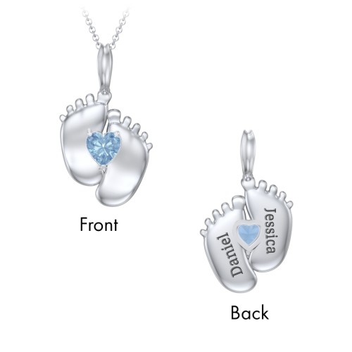Engravable Baby Feet Birthstone Pendant – Sterling Silver with Blue Topaz
