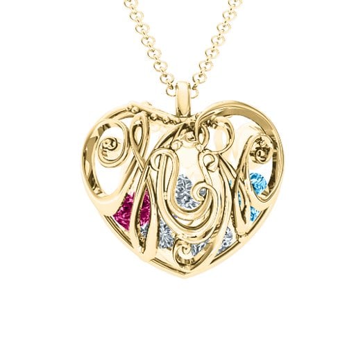 Graceful Mum Heart Cage Pendant With 2-8 Birthstones – 10K Yellow Gold with Diamond, Blue Topaz, Ruby, and Cubic Zirconia