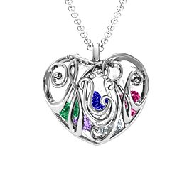 Graceful Mum Heart Cage Pendant With 2-8 Birthstones in 925 Sterling Silver with Amethyst, Cubic Zirconia, Ruby, Emerald, and Blue Sapphire