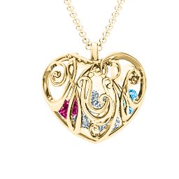 Graceful Mum Heart Cage Pendant With 2-8 Birthstones in 10K Solid Yellow Gold with Diamond, Blue Topaz, Ruby, Cubic Zirconia, and Emerald