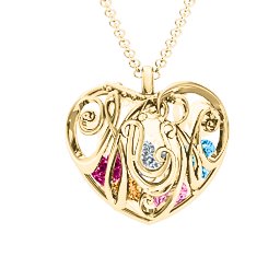 Graceful Mum Heart Cage Pendant With 2-8 Birthstones in 10K Solid Yellow Gold with Citrine, Pink Tourmaline, Blue Topaz, Ruby, Cubic Zirconia, and Emerald