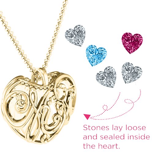 Graceful Mum Heart Cage Pendant With 2-8 Birthstones – 10K Yellow Gold with Diamond, Blue Topaz, Ruby, and Cubic Zirconia