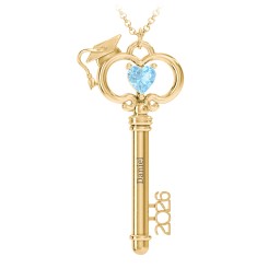 Graduation Key Pendant in 18K Gold Plated Silver with Blue Topaz