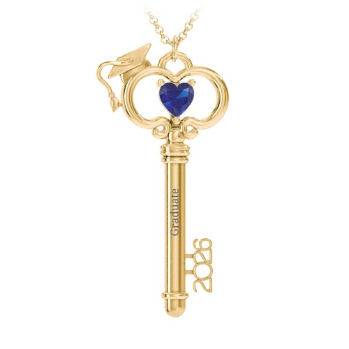 Graduation Key Pendant – 18K Gold Plated Silver with Blue Sapphire