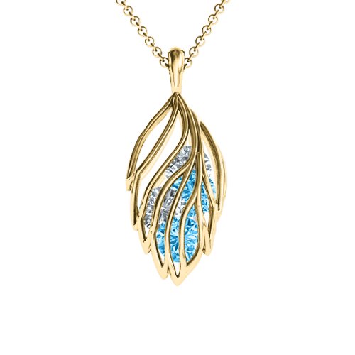 Elegant Elm Cage Leaf Pendant – 10K Yellow Gold with Blue Topaz and Cubic Zirconia