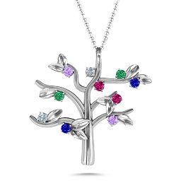 Family Forever 10-Stone Family Tree Necklace in 925 Sterling Silver with Amethyst, Cubic Zirconia, Ruby, Emerald, and Blue Sapphire