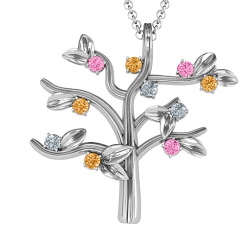 Family Forever 10-Stone Family Tree Necklace – Sterling Silver with Pink Tourmaline, Citrine, and Cubic Zirconia