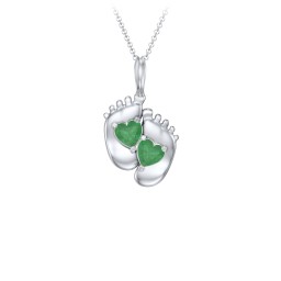 Engravable Baby Feet Two Stone Pendant in 925 Sterling Silver with Emerald