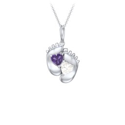 Engravable Baby Feet Two Stone Pendant in 925 Sterling Silver with Amethyst and Cubic Zirconia