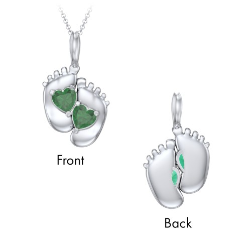 Engravable Baby Feet Two Stone Pendant – Sterling Silver with Emerald