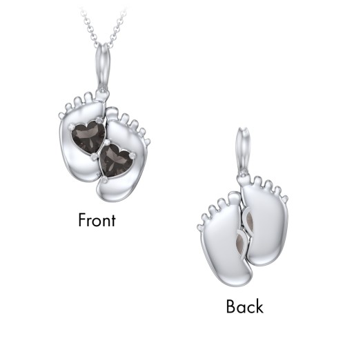 Engravable Baby Feet Two Stone Pendant – Sterling Silver with Smokey Quartz