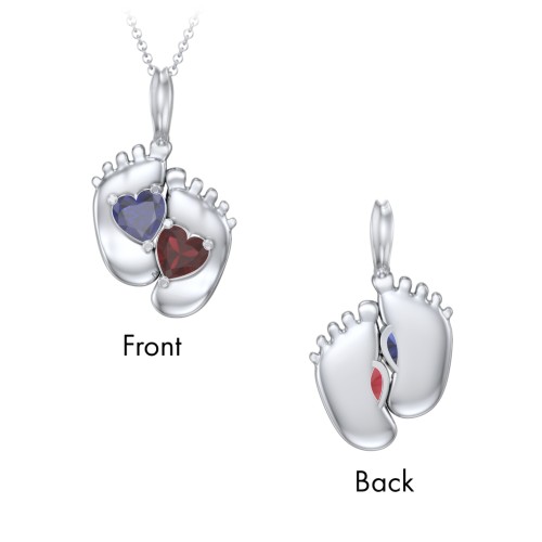 Engravable Baby Feet Two Stone Pendant – Sterling Silver with Blue Sapphire and Garnet