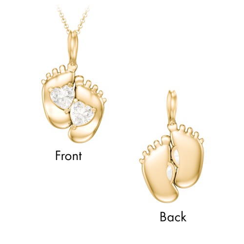 Engravable Baby Feet Two Stone Pendant – 10K Yellow Gold with Cubic Zirconia