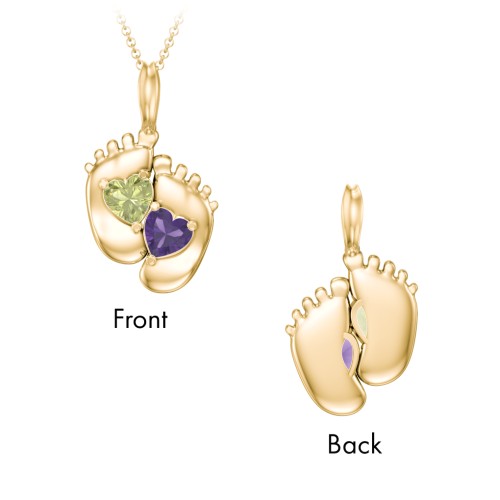 Engravable Baby Feet Two Stone Pendant – 10K Yellow Gold with Peridot and Amethyst