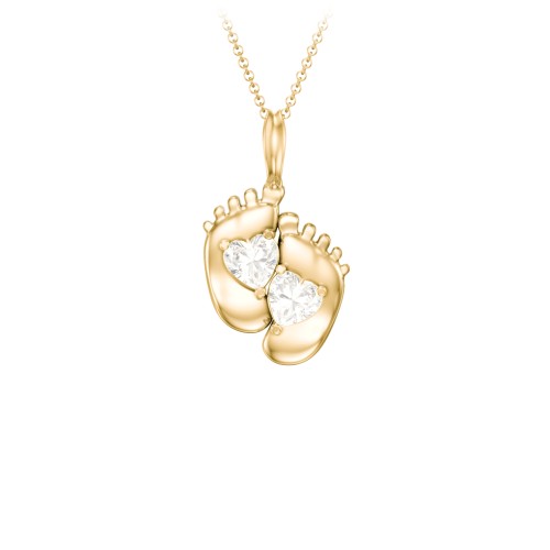 Engravable Baby Feet Two Stone Pendant – 10K Yellow Gold with Cubic Zirconia