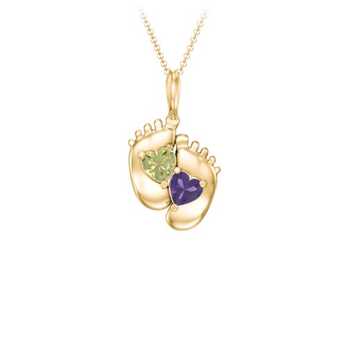 Engravable Baby Feet Two Stone Pendant – 10K Yellow Gold with Peridot and Amethyst