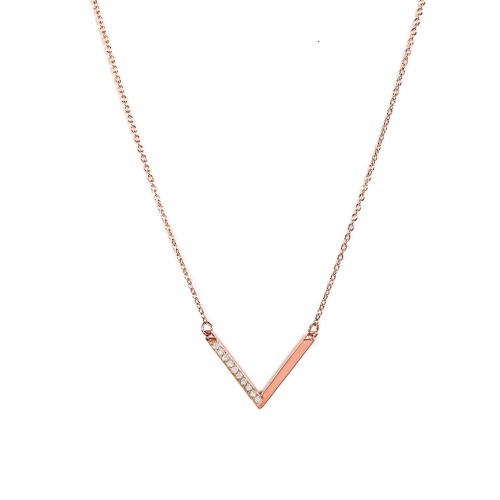 "V" Necklace with Gemstones – 10K Rose Gold with White Premium Zirconia