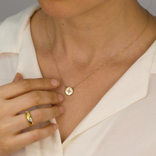 Disc Pendant with Star Set Gemstone – 10K Yellow Gold with Blue Topaz