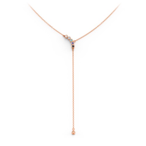 Bezel Gemstone Lariat with Ball Charm – 10K Rose Gold with Cubic Zirconia, Blue Topaz, Mint Premium Zirconia, Blue Sapphire, and Black Premium Zirconia