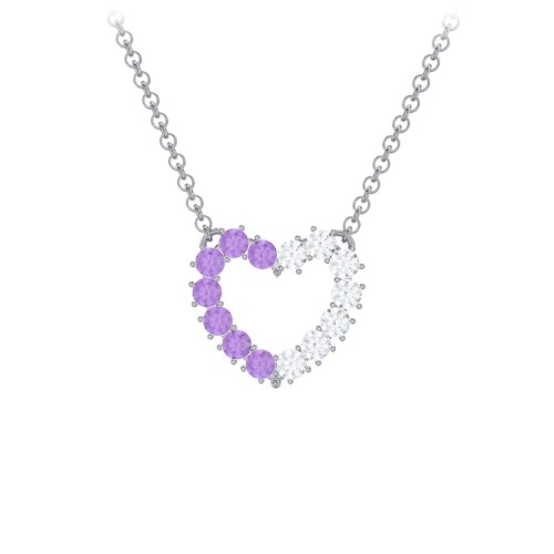 Dual Birthstone Heart Pendant – Sterling Silver with Amethyst and Cubic Zirconia