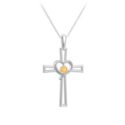 Cross and Heart Pendant with Birthstone
