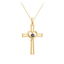 Cross and Heart Pendant with Birthstone in 18K Gold Plated Silver with Smokey Quartz