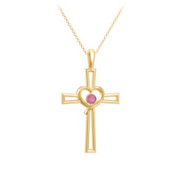 Cross and Heart Pendant with Birthstone in 18K Gold Plated Silver with Pink Tourmaline