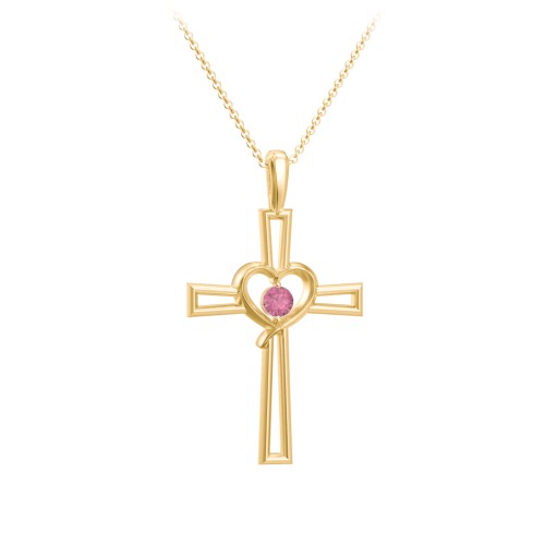 Cross and Heart Pendant with Birthstone – 18K Gold Plated Silver with Pink Tourmaline