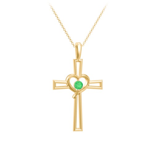 Cross and Heart Pendant with Birthstone – 18K Gold Plated Silver with Emerald