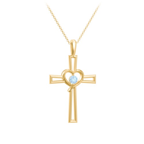 Cross and Heart Pendant with Birthstone – 18K Gold Plated Silver with Blue Topaz