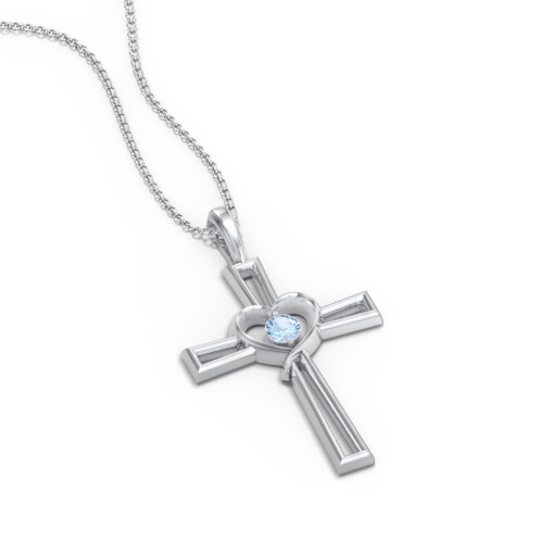 Cross and Heart Pendant with Birthstone – Sterling Silver with Blue Topaz