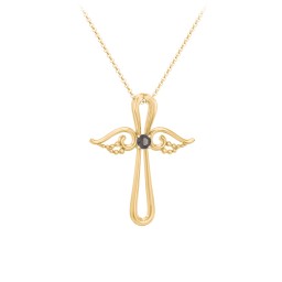 Angel Cross Pendant with Birthstone in 18K Gold Plated Silver with Smokey Quartz
