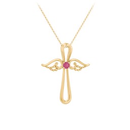 Angel Cross Pendant with Birthstone in 18K Gold Plated Silver with Ruby