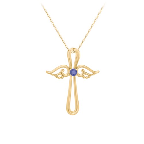 Angel Cross Pendant with Birthstone – 18K Gold Plated Silver with Blue Sapphire