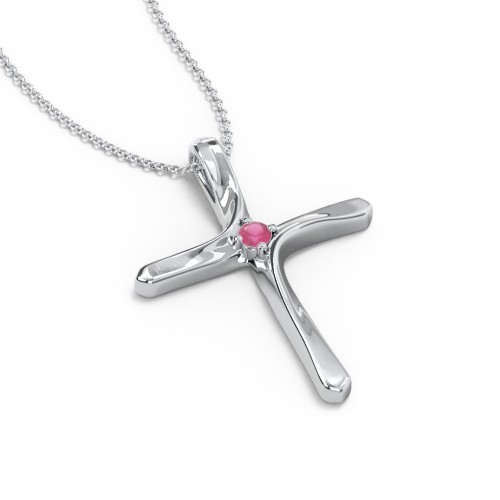 Twisted Cross Pendant with Birthstone – Sterling Silver with Ruby