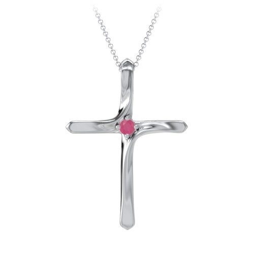 Twisted Cross Pendant with Birthstone – Sterling Silver with Ruby