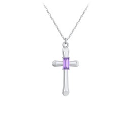 Mini Cross with Baguette Birthstone in 925 Sterling Silver with Amethyst