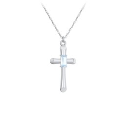 Mini Cross with Baguette Birthstone in 925 Sterling Silver with Aquamarine