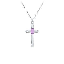 Mini Cross with Baguette Birthstone in 925 Sterling Silver with Amethyst