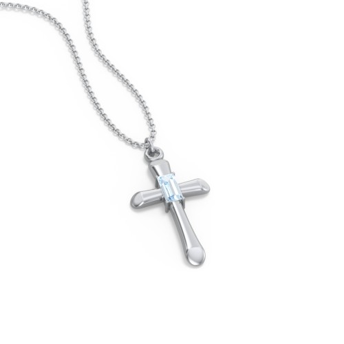 Mini Cross with Baguette Birthstone – Sterling Silver with Aquamarine