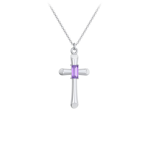 Mini Cross with Baguette Birthstone – Sterling Silver with Amethyst