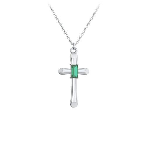 Mini Cross with Baguette Birthstone – Sterling Silver with Emerald