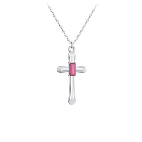 Mini Cross with Baguette Birthstone – Sterling Silver with Ruby
