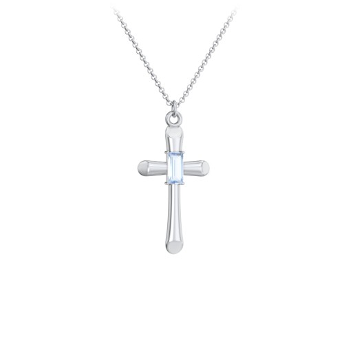 Mini Cross with Baguette Birthstone – Sterling Silver with Aquamarine