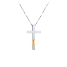 Modern Cross with Baguette Birthstone in 925 Sterling Silver with Citrine